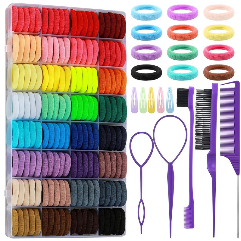 AuraRay Cotton Toddler Hair Ties 32 Colors, 320 Pcs Baby Hair Ties with 15 Hair Styling Tools Organizer Box, Soft Seamless Elastic Hair Bands Hair Accessories for Girls Kids - Image 1